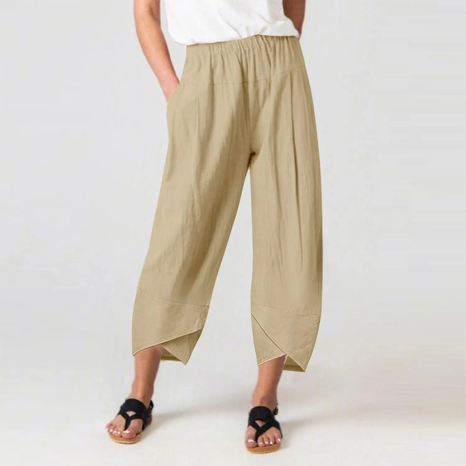 Women's Cotton Linen Summer Y2K Streetwear Palazzo Pants Elastic Waisted Bootcut Loose Fit Trouser Work Business