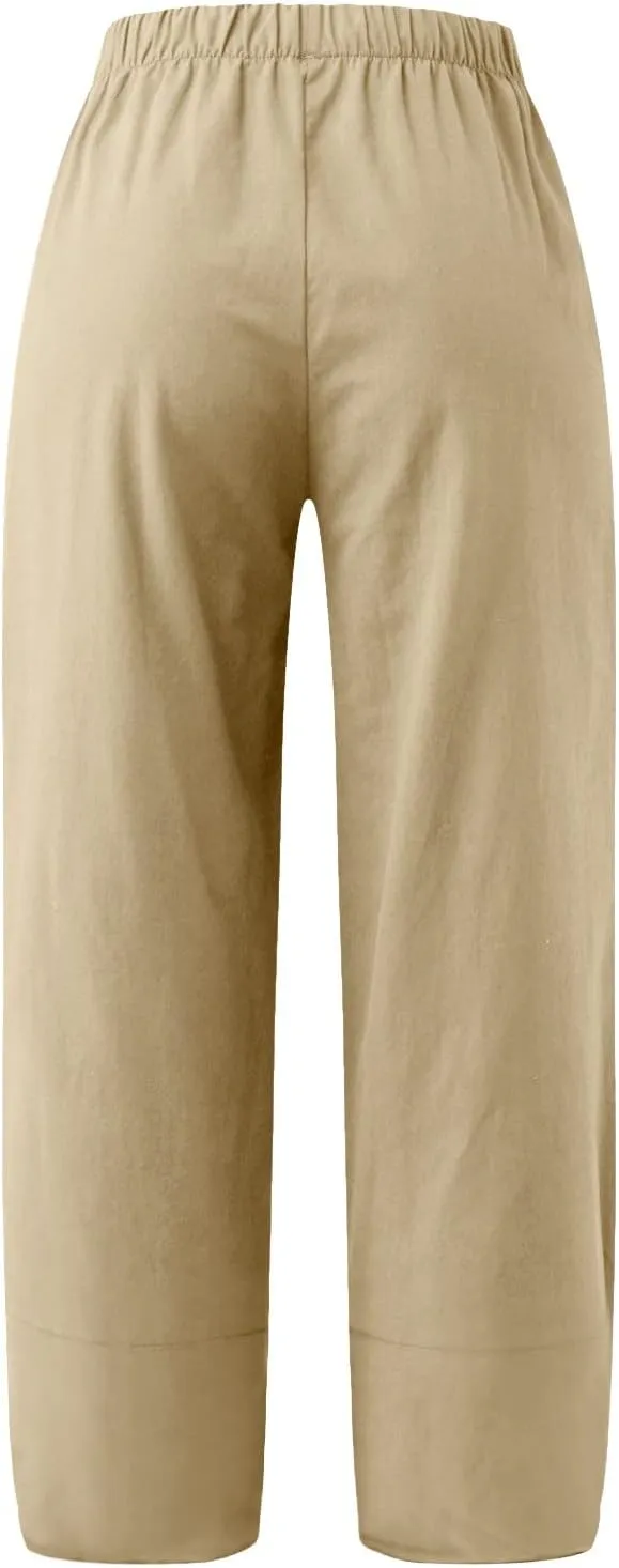 Women's Cotton Linen Summer Y2K Streetwear Palazzo Pants Elastic Waisted Bootcut Loose Fit Trouser Work Business