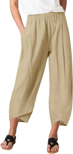 Women's Cotton Linen Summer Y2K Streetwear Palazzo Pants Elastic Waisted Bootcut Loose Fit Trouser Work Business