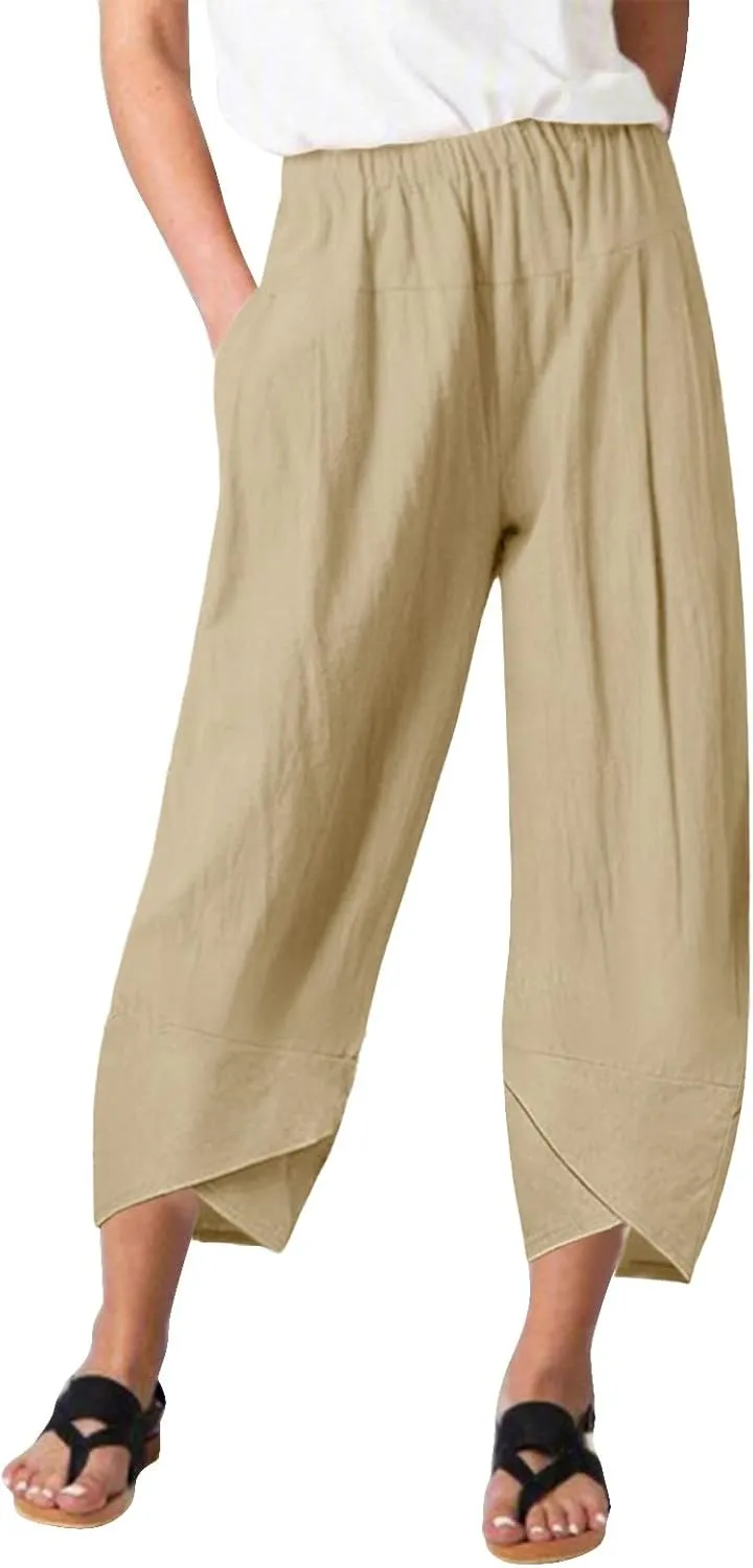 Women's Cotton Linen Summer Y2K Streetwear Palazzo Pants Elastic Waisted Bootcut Loose Fit Trouser Work Business