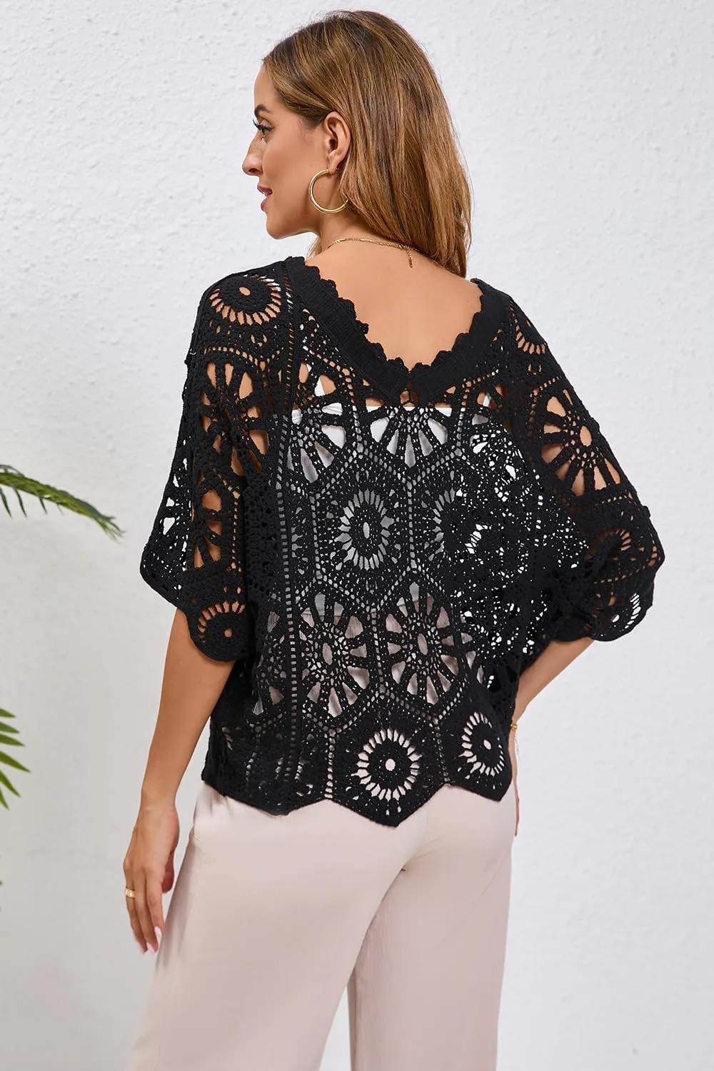 Women's Crochet Tops Boho Hollow Out V-Neck Pullover Lace Cove Up