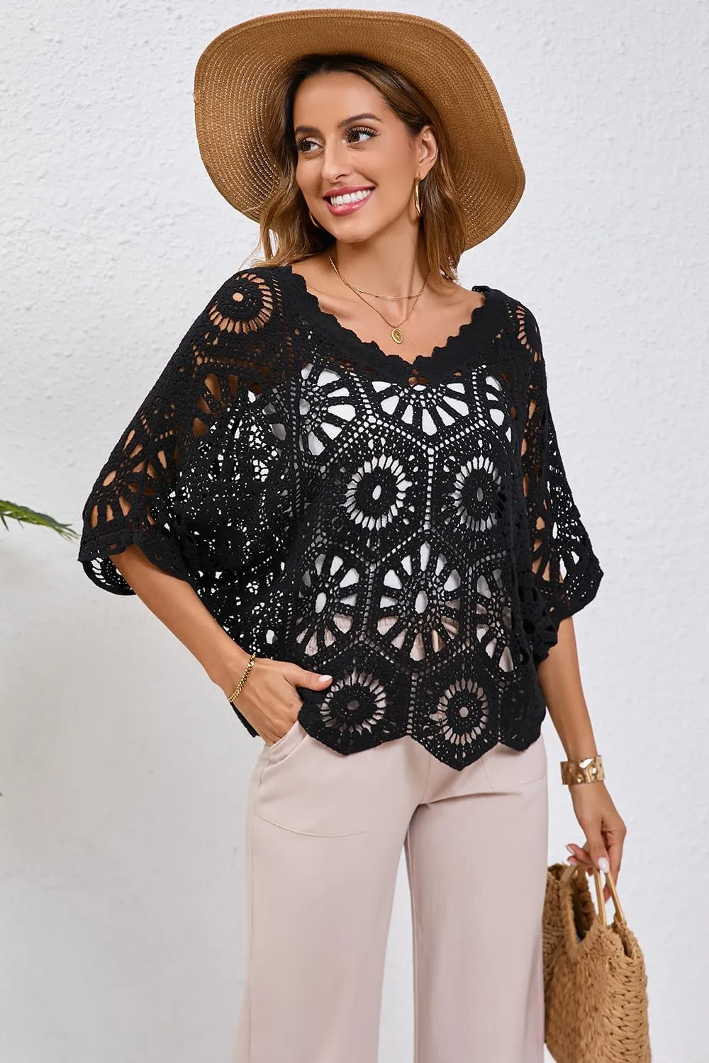 Women's Crochet Tops Boho Hollow Out V-Neck Pullover Lace Cove Up