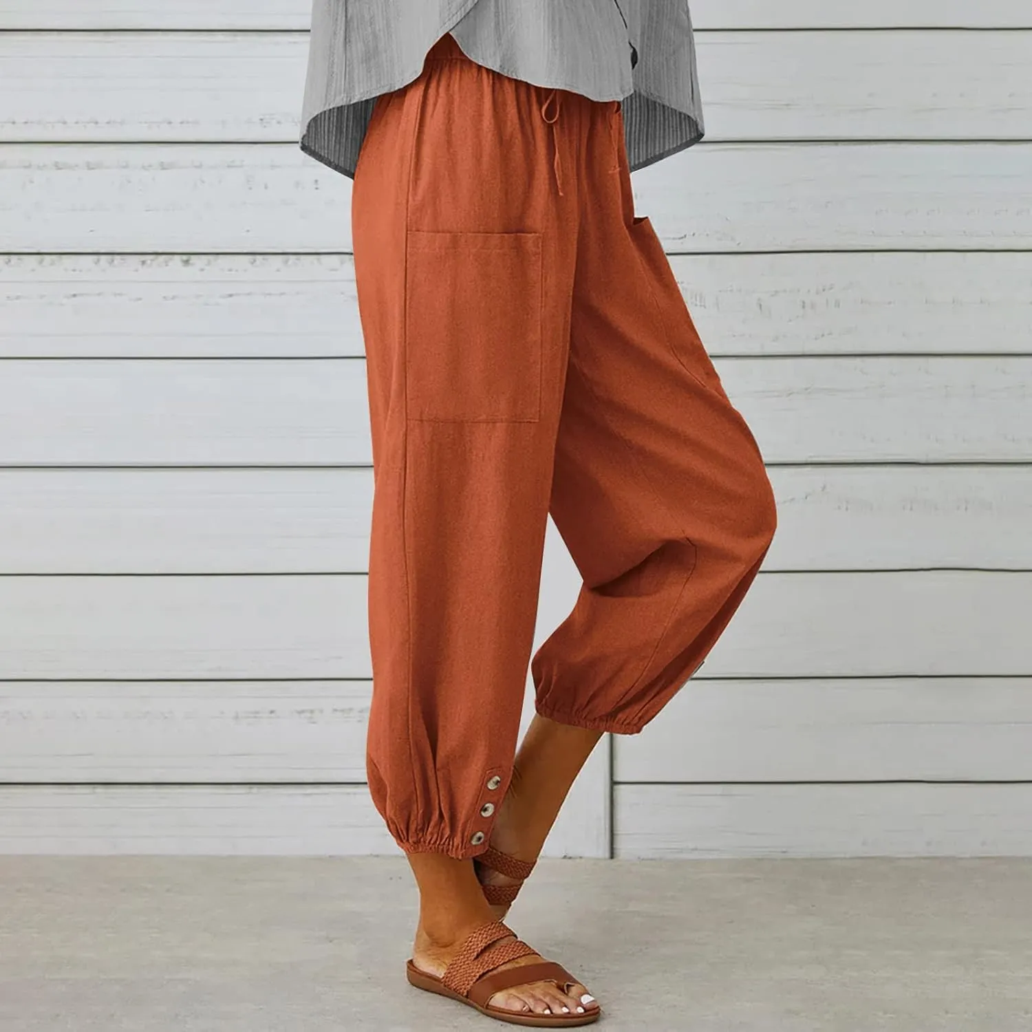 Women's Cropped Drawstring Waist Wide Leg Loose Cotton Linen Capri Pants for Women