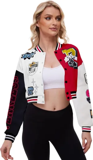Womens Cropped Varsity Jacket Print Colorblock Bomber Jacket Casual Button Down Coat Lightweight Outwear with Pockets