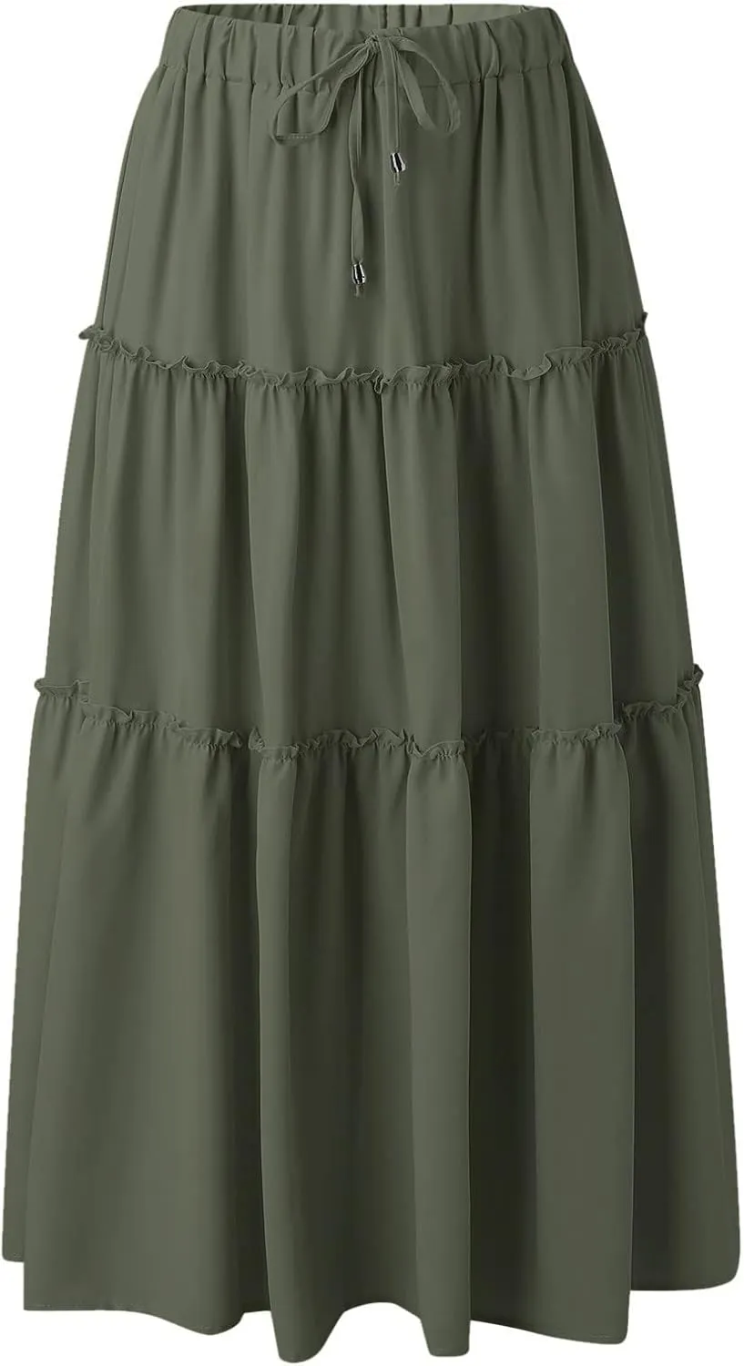 Womens Elastic High Waist Boho Maxi Skirt Ruffle A Line Swing Long Skirts Knee Length Pleated Dresses Summer Holiday