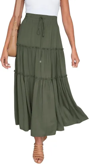Womens Elastic High Waist Boho Maxi Skirt Ruffle A Line Swing Long Skirts Knee Length Pleated Dresses Summer Holiday