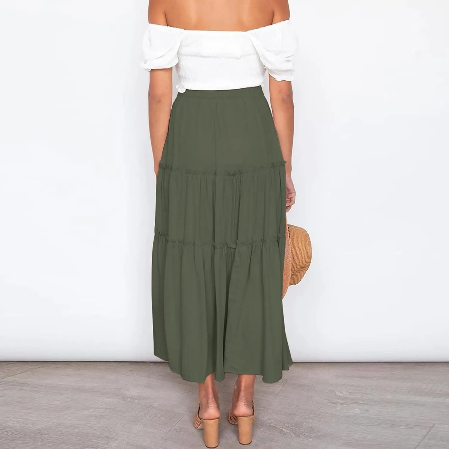Womens Elastic High Waist Boho Maxi Skirt Ruffle A Line Swing Long Skirts Knee Length Pleated Dresses Summer Holiday