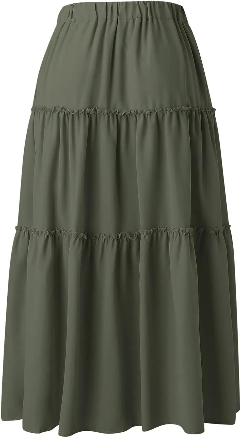 Womens Elastic High Waist Boho Maxi Skirt Ruffle A Line Swing Long Skirts Knee Length Pleated Dresses Summer Holiday