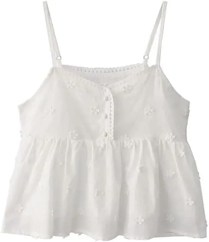 Womens Embroidered Flower Camisole Sleeveless Buttons Loose Casual Vest Tops