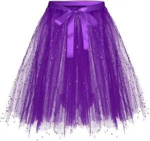 Womens Fashion Solid Lace Up Bow Puffy Skirt Tulle Bubble A Line Fairy Skirts Carnival Party Sequin Performance Skirt