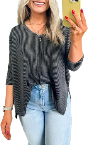 Womens Fashion Tunic Tops Ribbed Batwing 3/4 Sleeve Casual Corded Textured Split Hi-Lo Hem Shirts Blouses