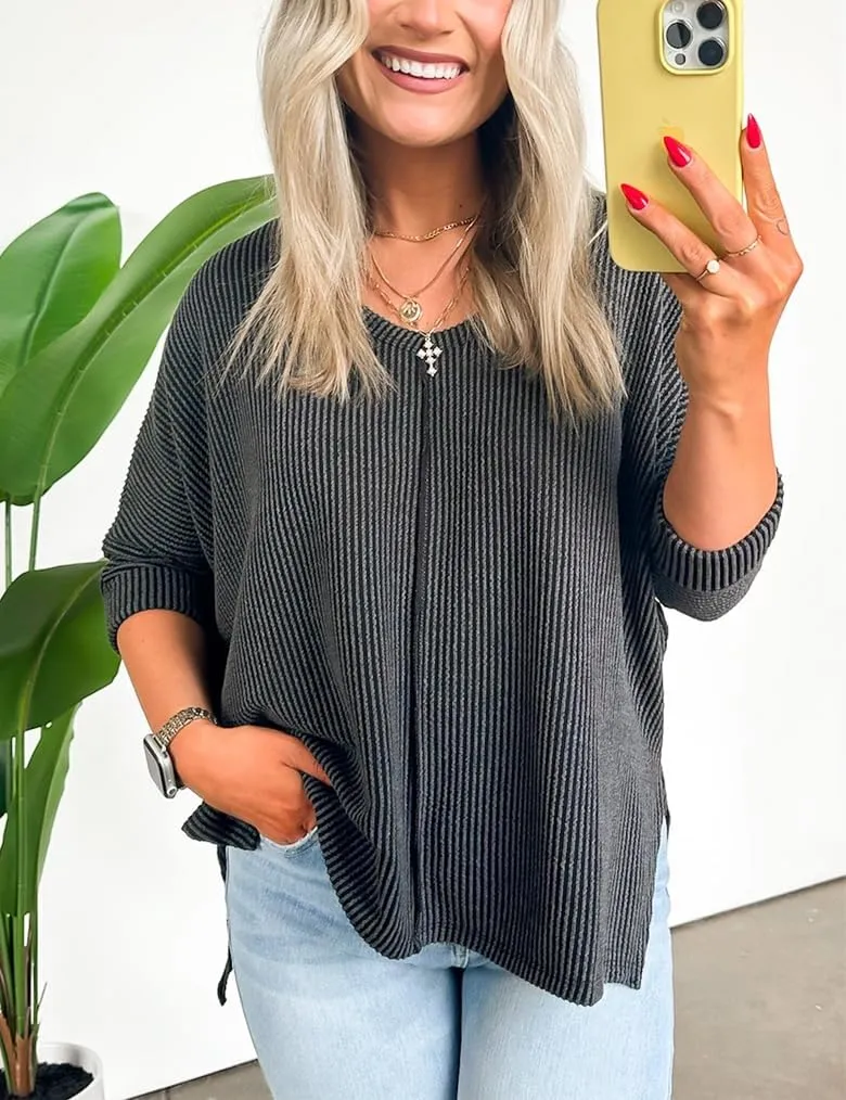 Womens Fashion Tunic Tops Ribbed Batwing 3/4 Sleeve Casual Corded Textured Split Hi-Lo Hem Shirts Blouses