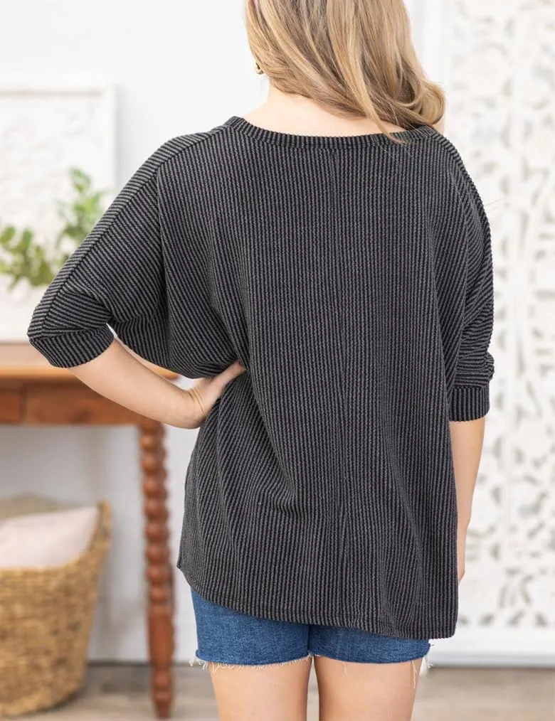 Womens Fashion Tunic Tops Ribbed Batwing 3/4 Sleeve Casual Corded Textured Split Hi-Lo Hem Shirts Blouses