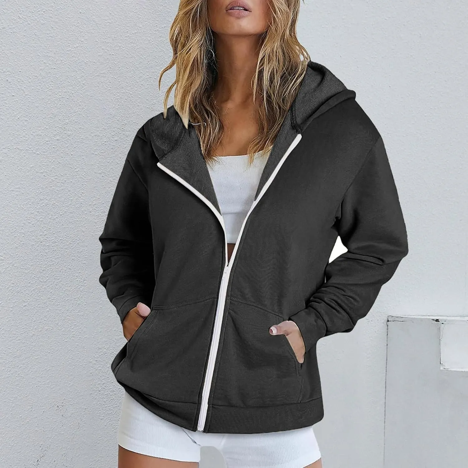 Women's Full Zip Up Lightweight Oversized Hoodie Long Sleeve Hooded Sweatshirts Jacket Coat with Pockets