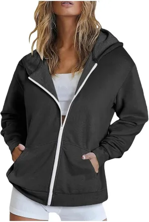Women's Full Zip Up Lightweight Oversized Hoodie Long Sleeve Hooded Sweatshirts Jacket Coat with Pockets