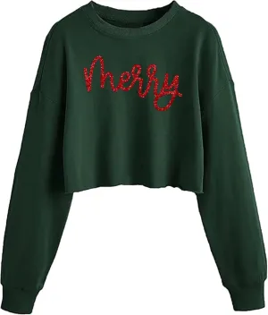 Women's Funny Christmas Graphic Crop Sweatshirts Xmas Holiday Party Casual Lantern Long Sleeve Pullover Tops