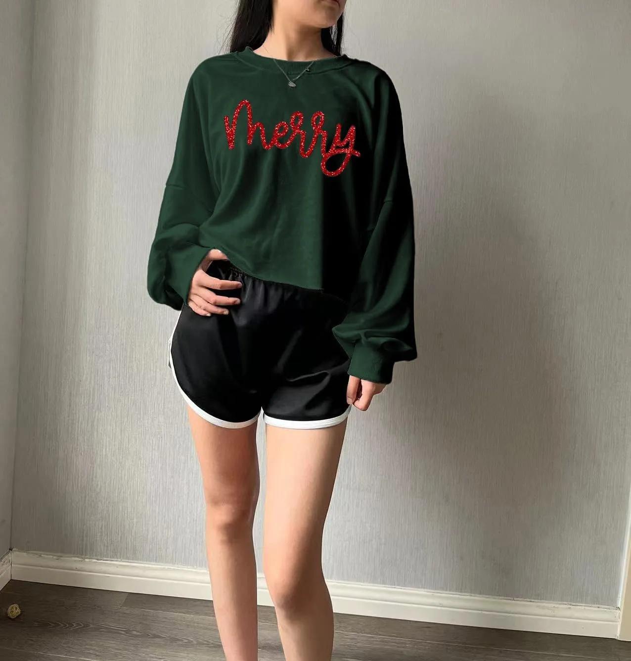Women's Funny Christmas Graphic Crop Sweatshirts Xmas Holiday Party Casual Lantern Long Sleeve Pullover Tops