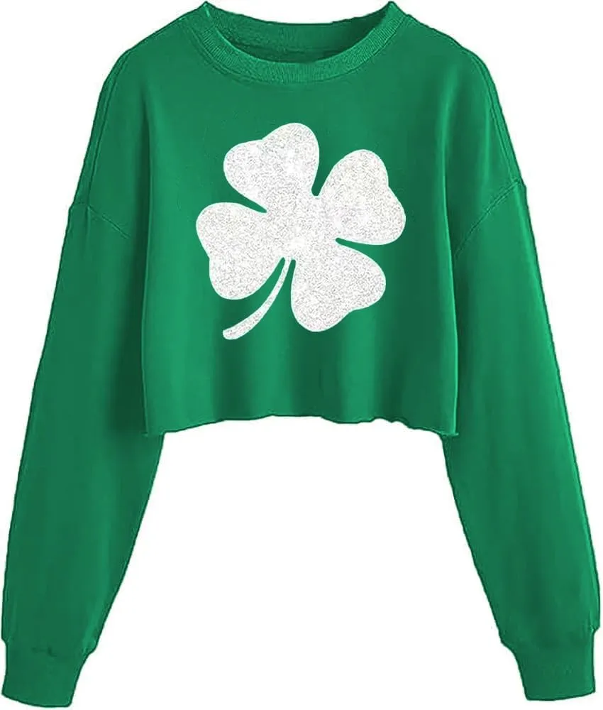 Women's Funny Clover Graphic Crop Sweatshirts St. Patrick's Day Lucky Shamrock Lantern Long Sleeve Pullover Tops