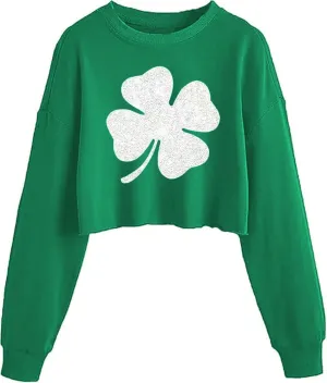 Women's Funny Clover Graphic Crop Sweatshirts St. Patrick's Day Lucky Shamrock Lantern Long Sleeve Pullover Tops