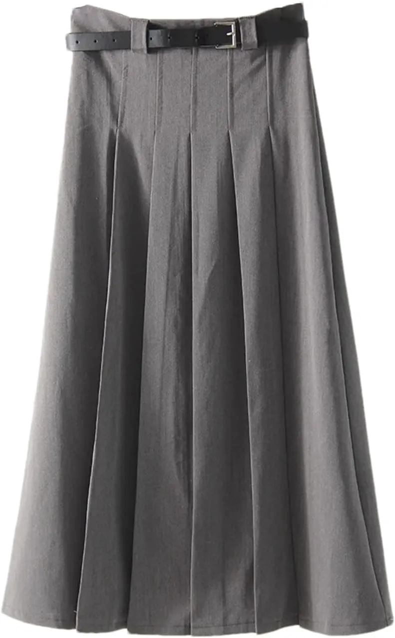 Women's High Waist A-Line Pleated Midi Skirt - Zipper Closure Solid Color Fit for Office Work