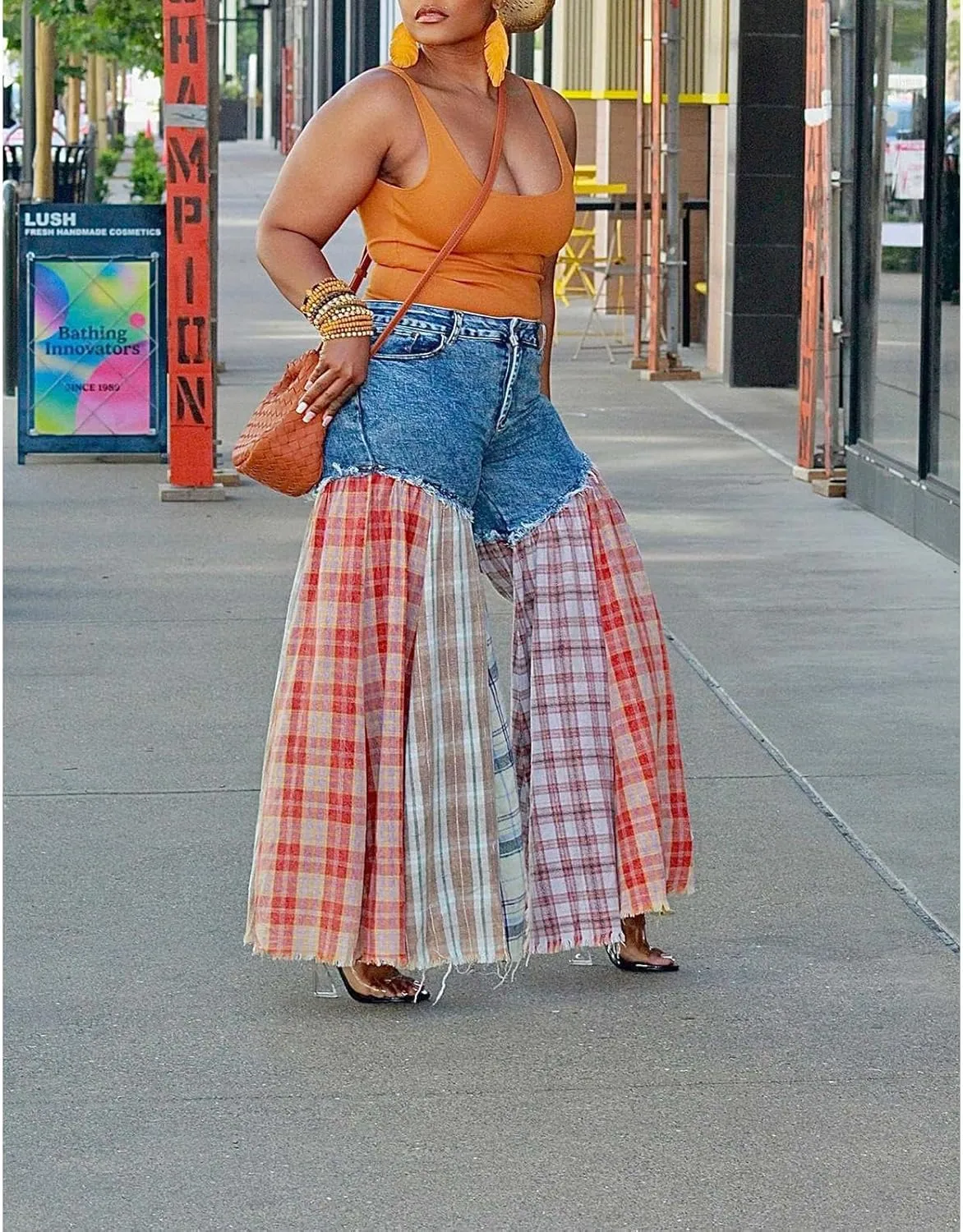 Women's High Waist Patchwork Flare Jeans Plaid Bell Bottom Ruffle Hem Denim Long Pants Trousers