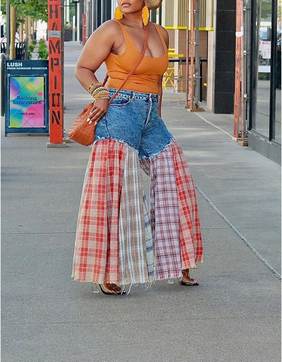 Women's High Waist Patchwork Flare Jeans Plaid Bell Bottom Ruffle Hem Denim Long Pants Trousers