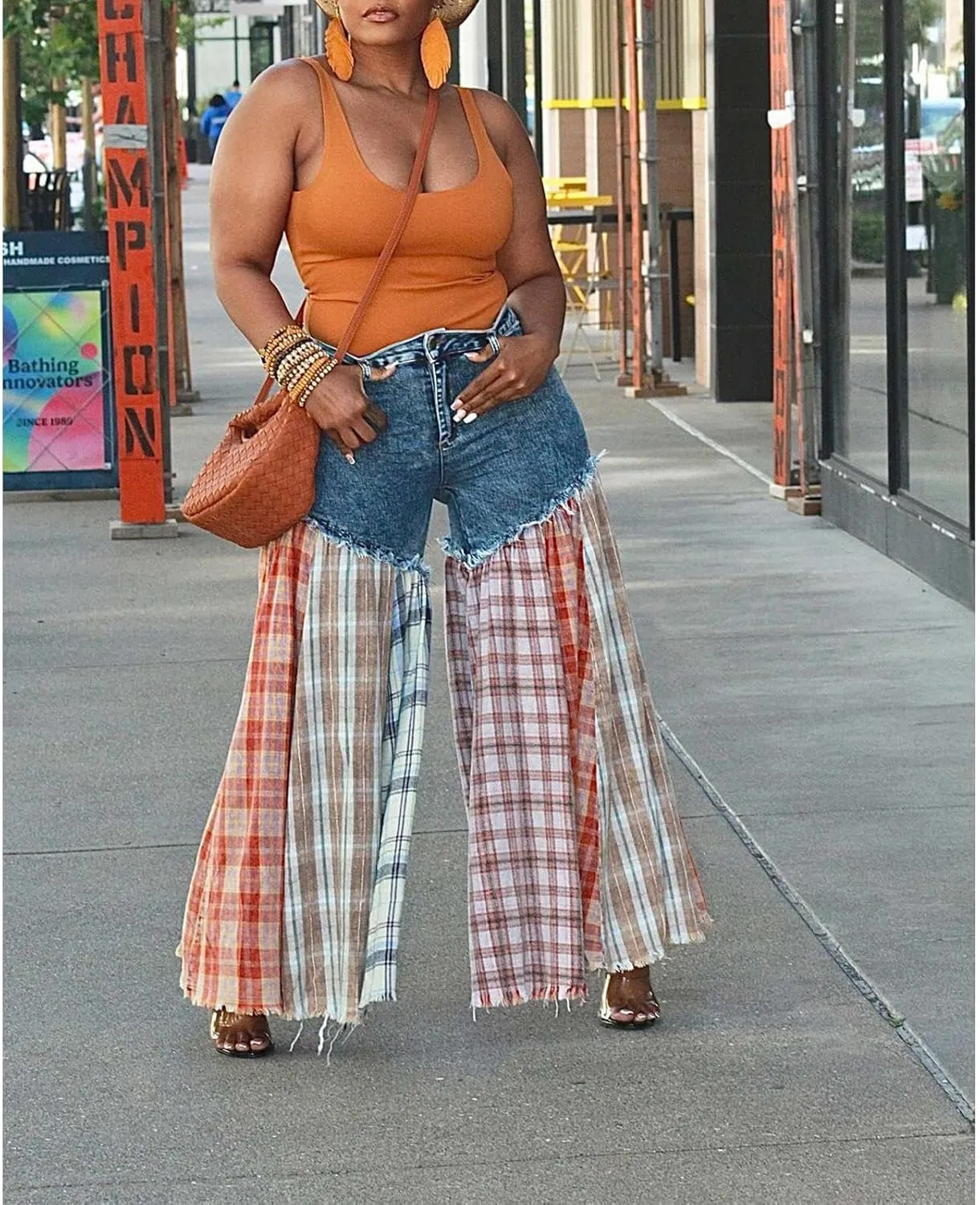 Women's High Waist Patchwork Flare Jeans Plaid Bell Bottom Ruffle Hem Denim Long Pants Trousers