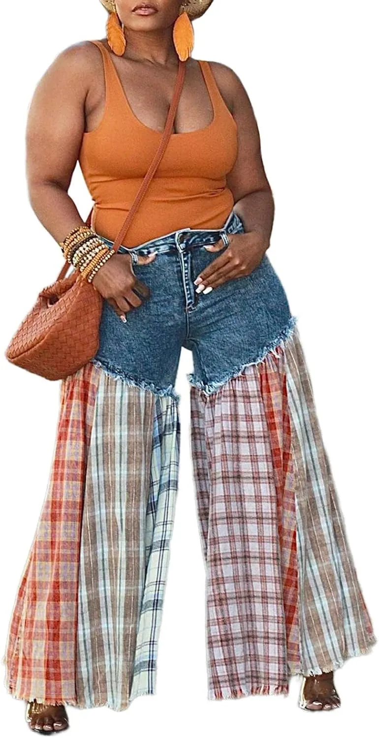 Women's High Waist Patchwork Flare Jeans Plaid Bell Bottom Ruffle Hem Denim Long Pants Trousers