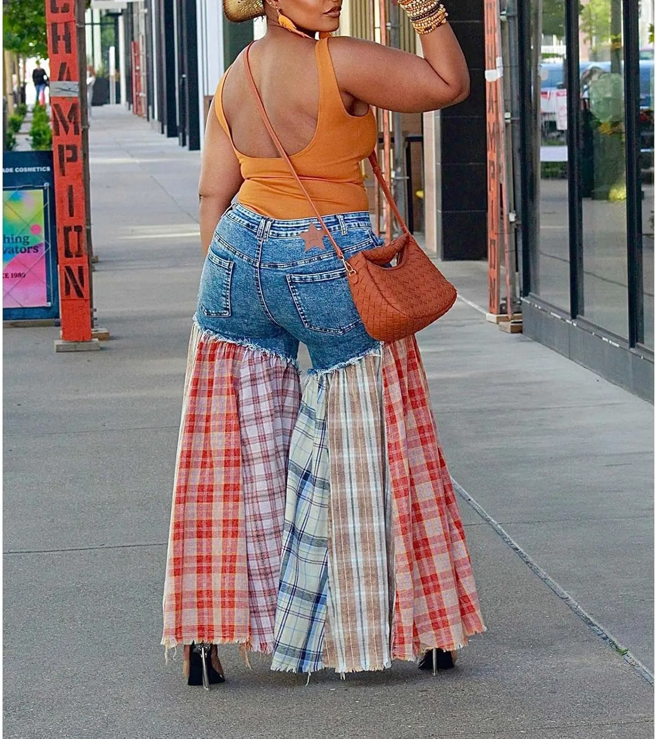 Women's High Waist Patchwork Flare Jeans Plaid Bell Bottom Ruffle Hem Denim Long Pants Trousers