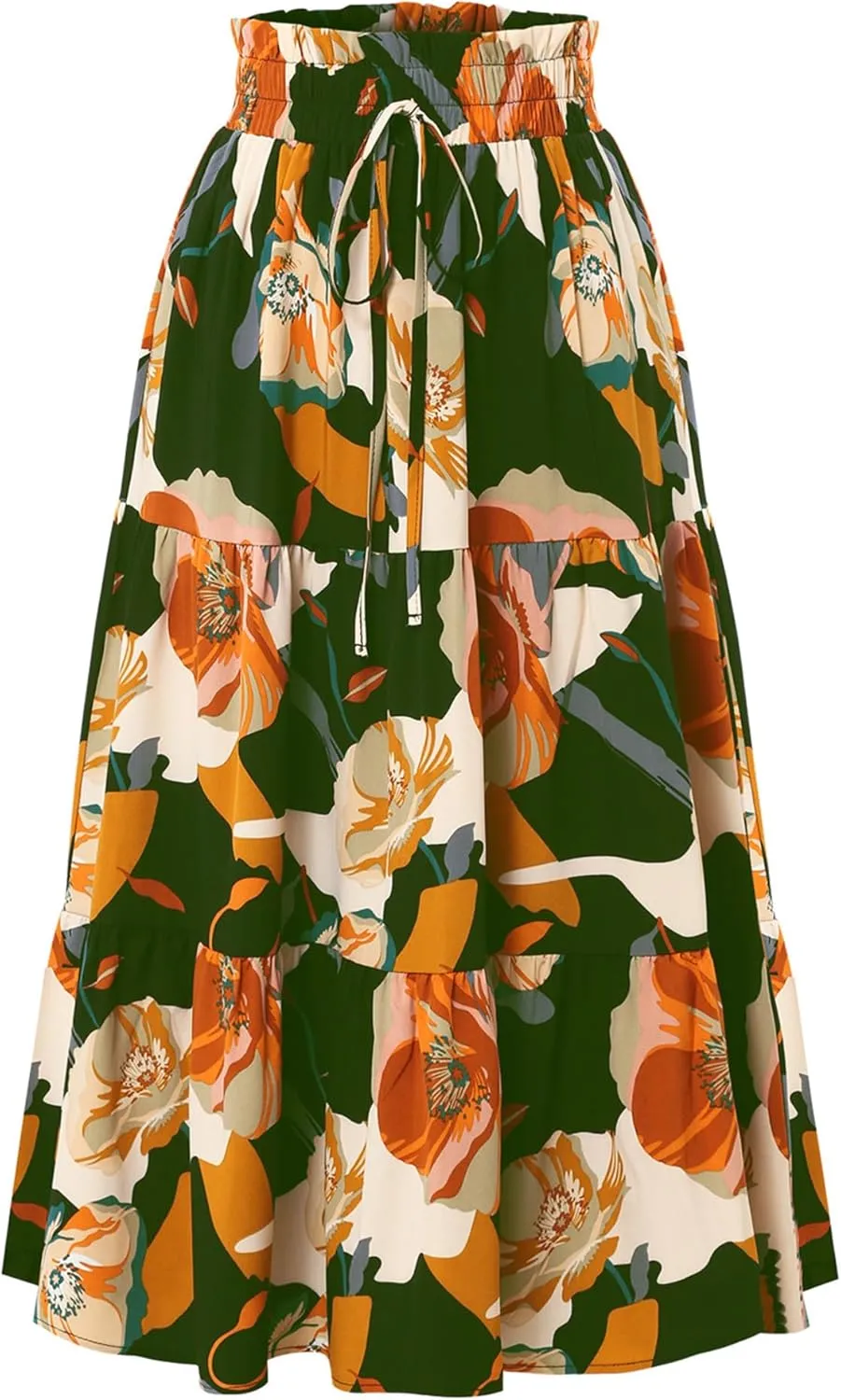 Womens High Waist Skirts Pleated Skirt Elastic Waist A-Line Midi Length Skirt Boho Floral Print Skirt with Drawstring