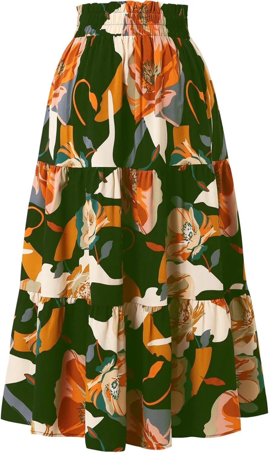 Womens High Waist Skirts Pleated Skirt Elastic Waist A-Line Midi Length Skirt Boho Floral Print Skirt with Drawstring