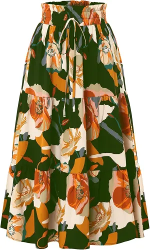 Womens High Waist Skirts Pleated Skirt Elastic Waist A-Line Midi Length Skirt Boho Floral Print Skirt with Drawstring