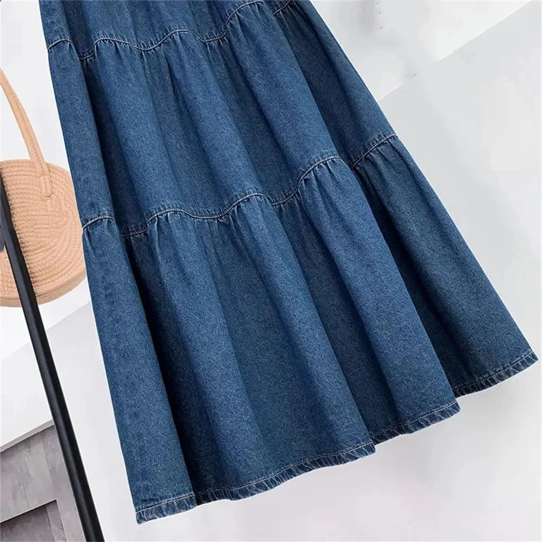 Women's High Waisted Denim Skirt A-Line Half Body Cake Skirt Fluffy Loose Long Half Skirts