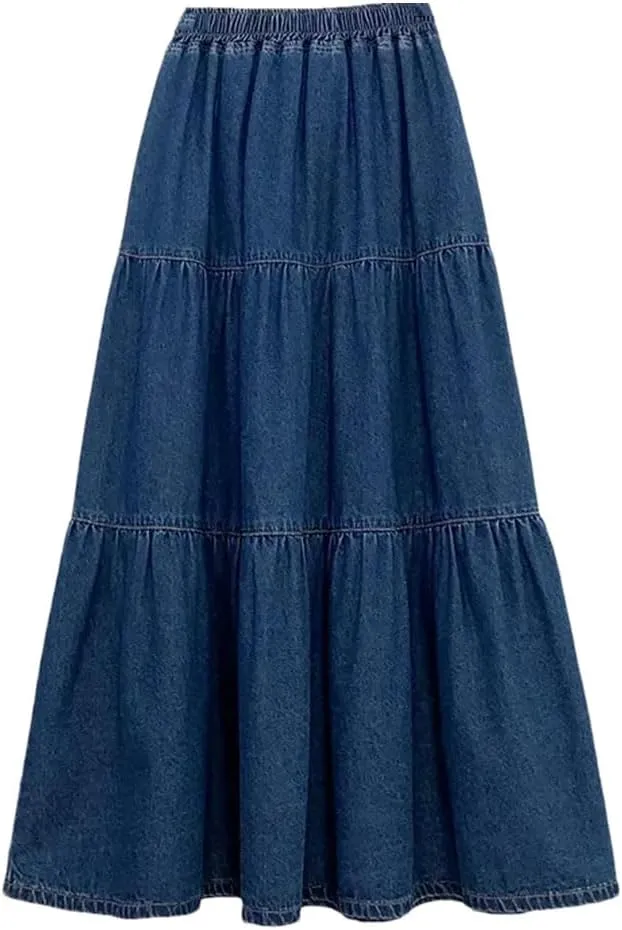 Women's High Waisted Denim Skirt A-Line Half Body Cake Skirt Fluffy Loose Long Half Skirts