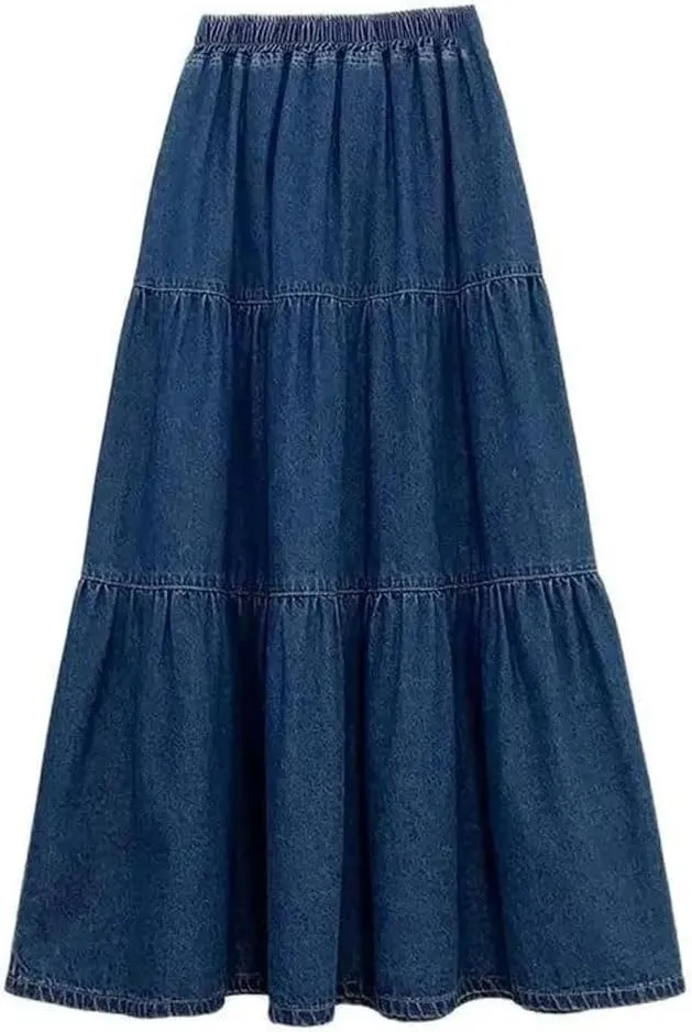 Women's High Waisted Denim Skirt A-Line Half Body Cake Skirt Fluffy Loose Long Half Skirts