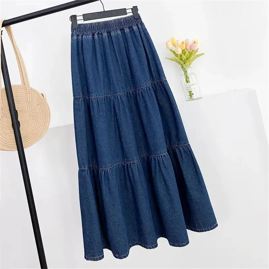 Women's High Waisted Denim Skirt A-Line Half Body Cake Skirt Fluffy Loose Long Half Skirts