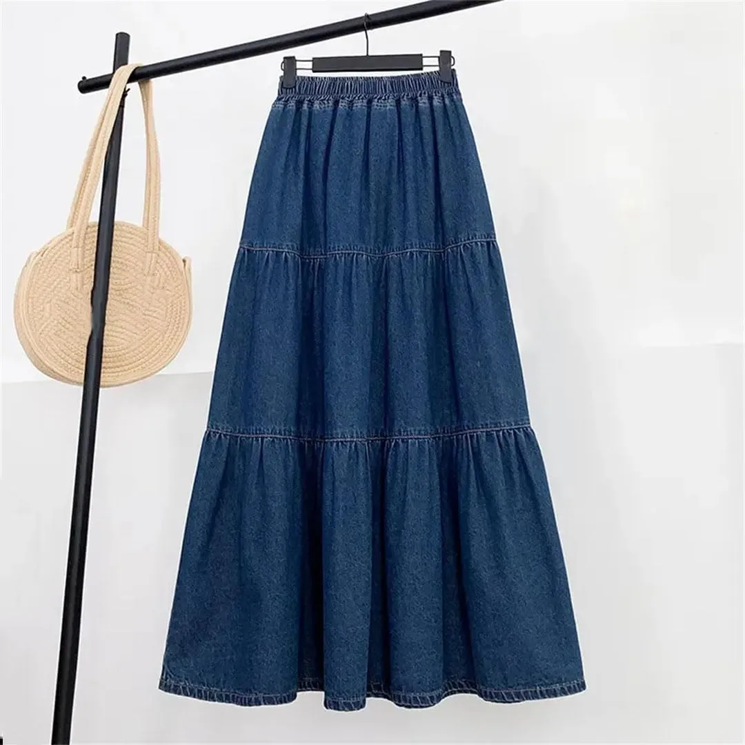Women's High Waisted Denim Skirt A-Line Half Body Cake Skirt Fluffy Loose Long Half Skirts