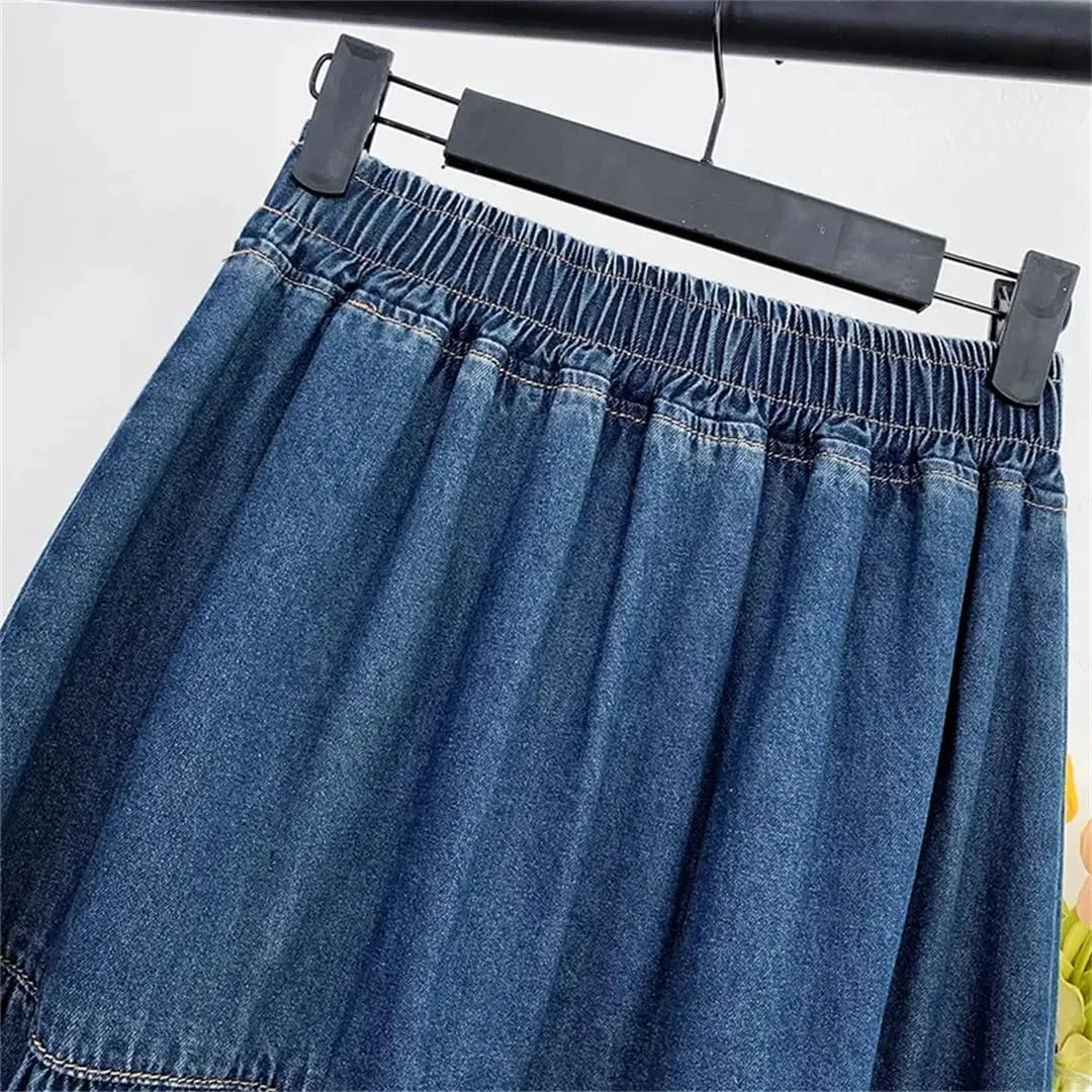 Women's High Waisted Denim Skirt A-Line Half Body Cake Skirt Fluffy Loose Long Half Skirts