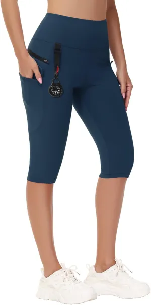 Women's Hiking Long Shorts Knee Length Capri Leggings with Zip Pockets High Waisted Biker Short Athletic Outdoor Travel