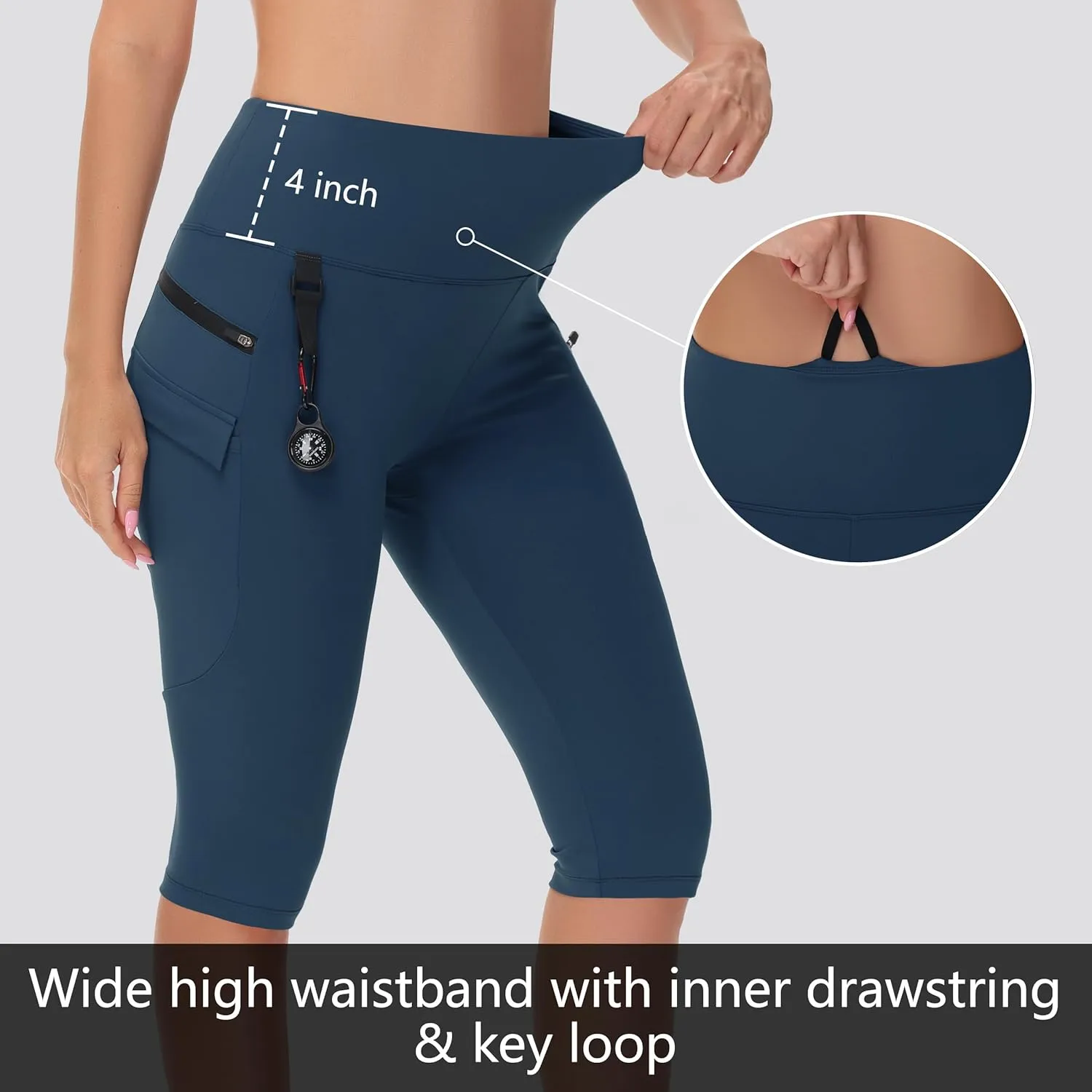 Women's Hiking Long Shorts Knee Length Capri Leggings with Zip Pockets High Waisted Biker Short Athletic Outdoor Travel