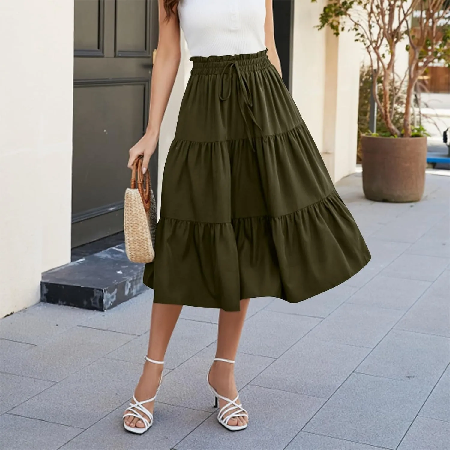 Womens Maxi Skirt 2025 Summer Comfy Tiered Elastic High Waisted Skirts Floral Boho Beach Vacation Long Skirts