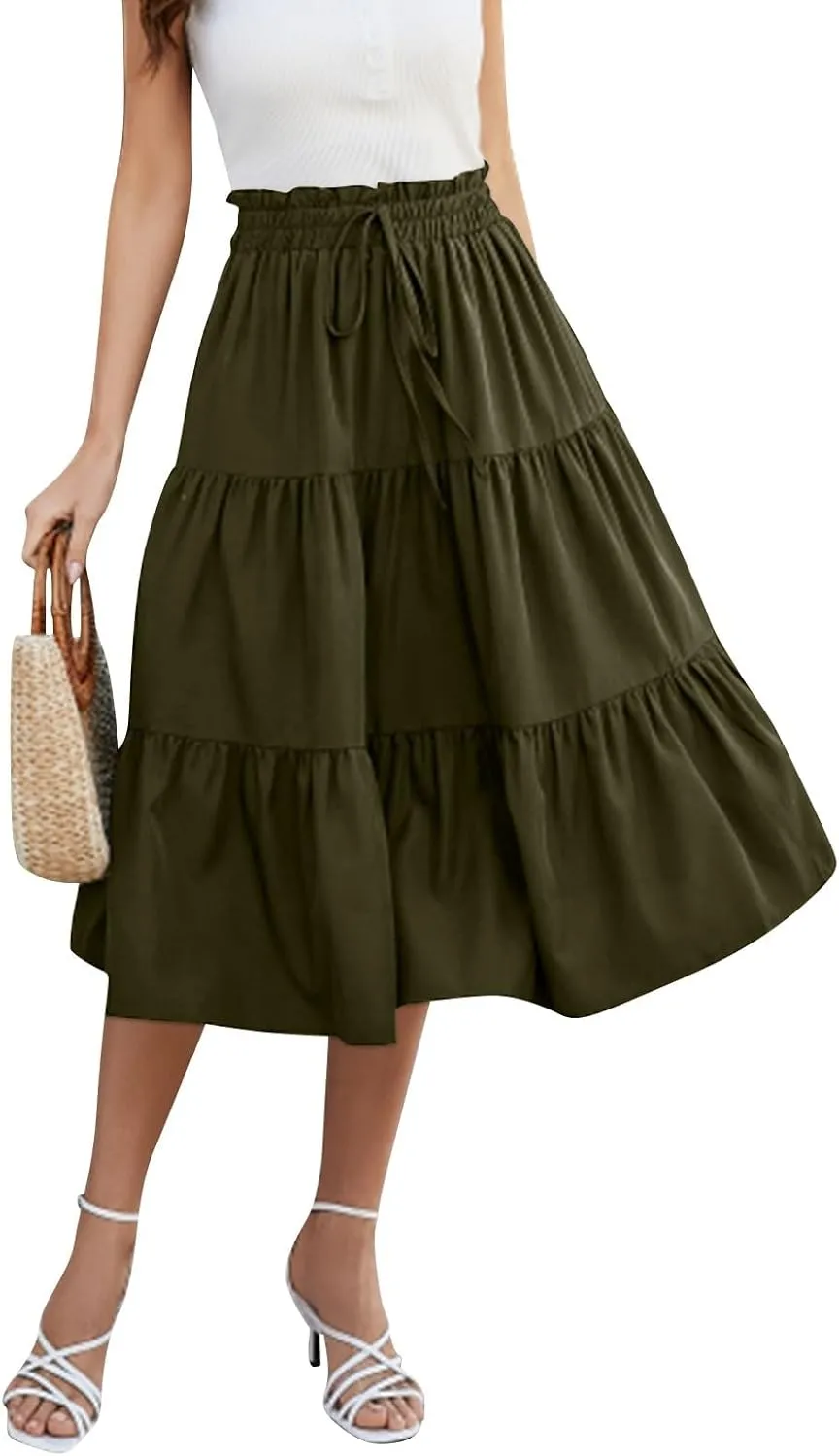 Womens Maxi Skirt 2025 Summer Comfy Tiered Elastic High Waisted Skirts Floral Boho Beach Vacation Long Skirts