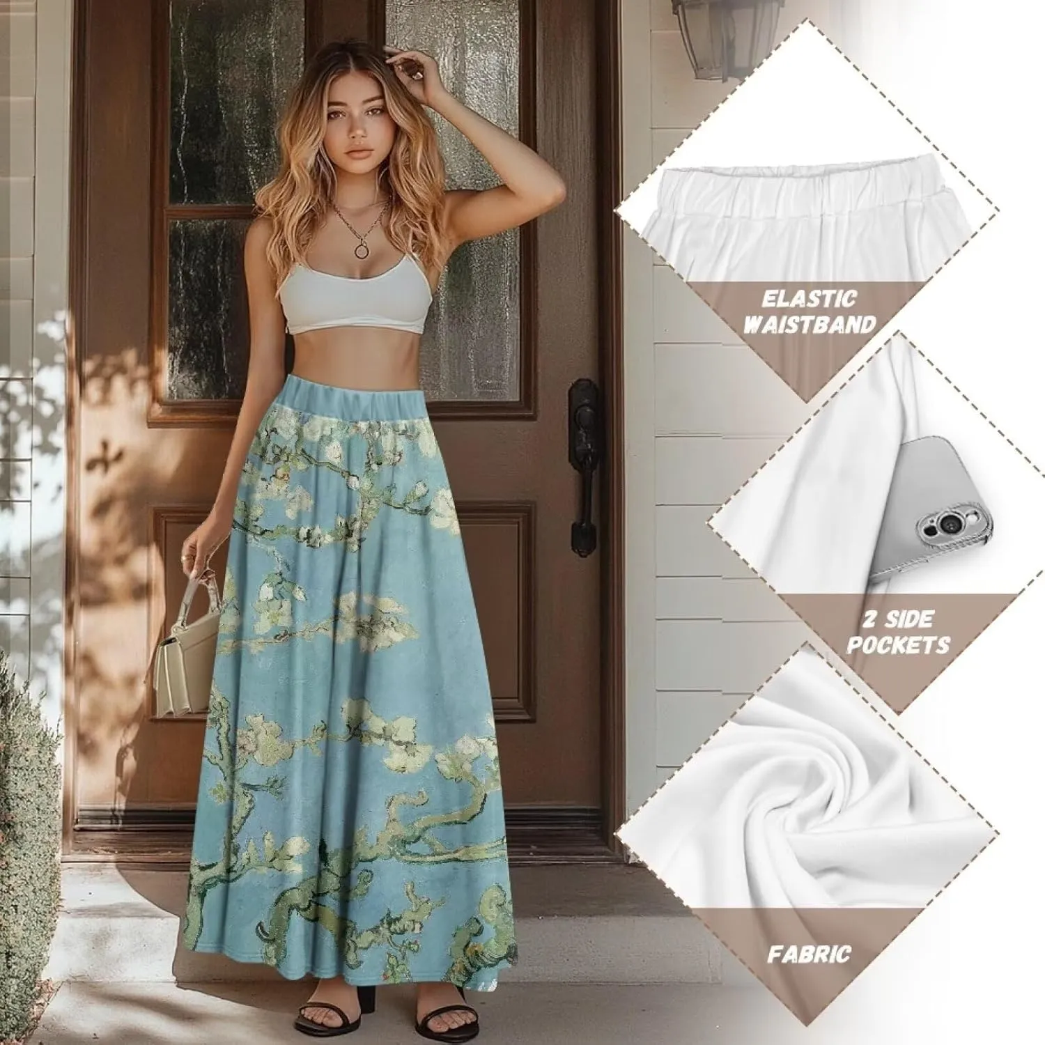 Women's Midi Skirt Elastic Pleated Long Skirts for Women Trendy with Pocket s-2xl