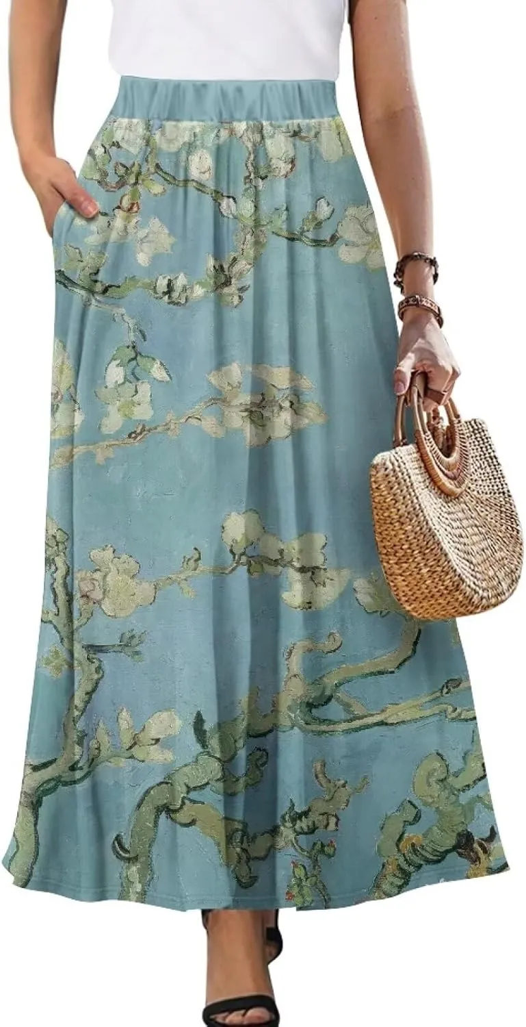 Women's Midi Skirt Elastic Pleated Long Skirts for Women Trendy with Pocket s-2xl