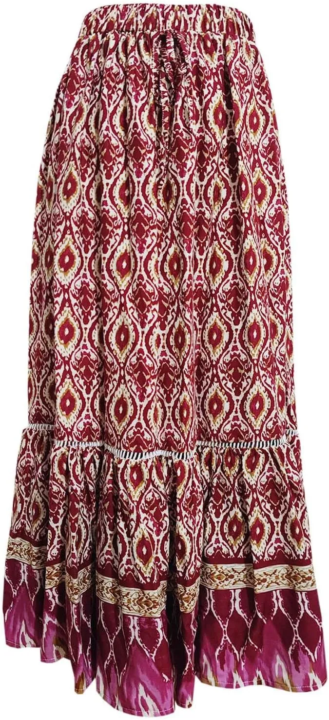 Women's Midi Summer Skirts Boho Flowy Swing A-Line Flowy Skirt 2025 Casual Elastic Waist Tiered Cotton Long Skort Trendy