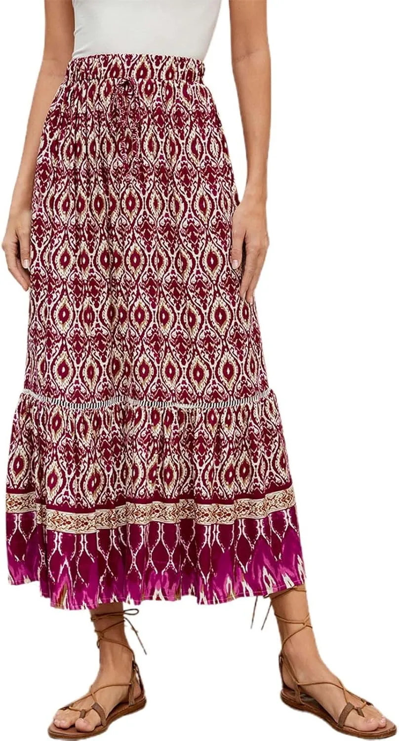 Women's Midi Summer Skirts Boho Flowy Swing A-Line Flowy Skirt 2025 Casual Elastic Waist Tiered Cotton Long Skort Trendy