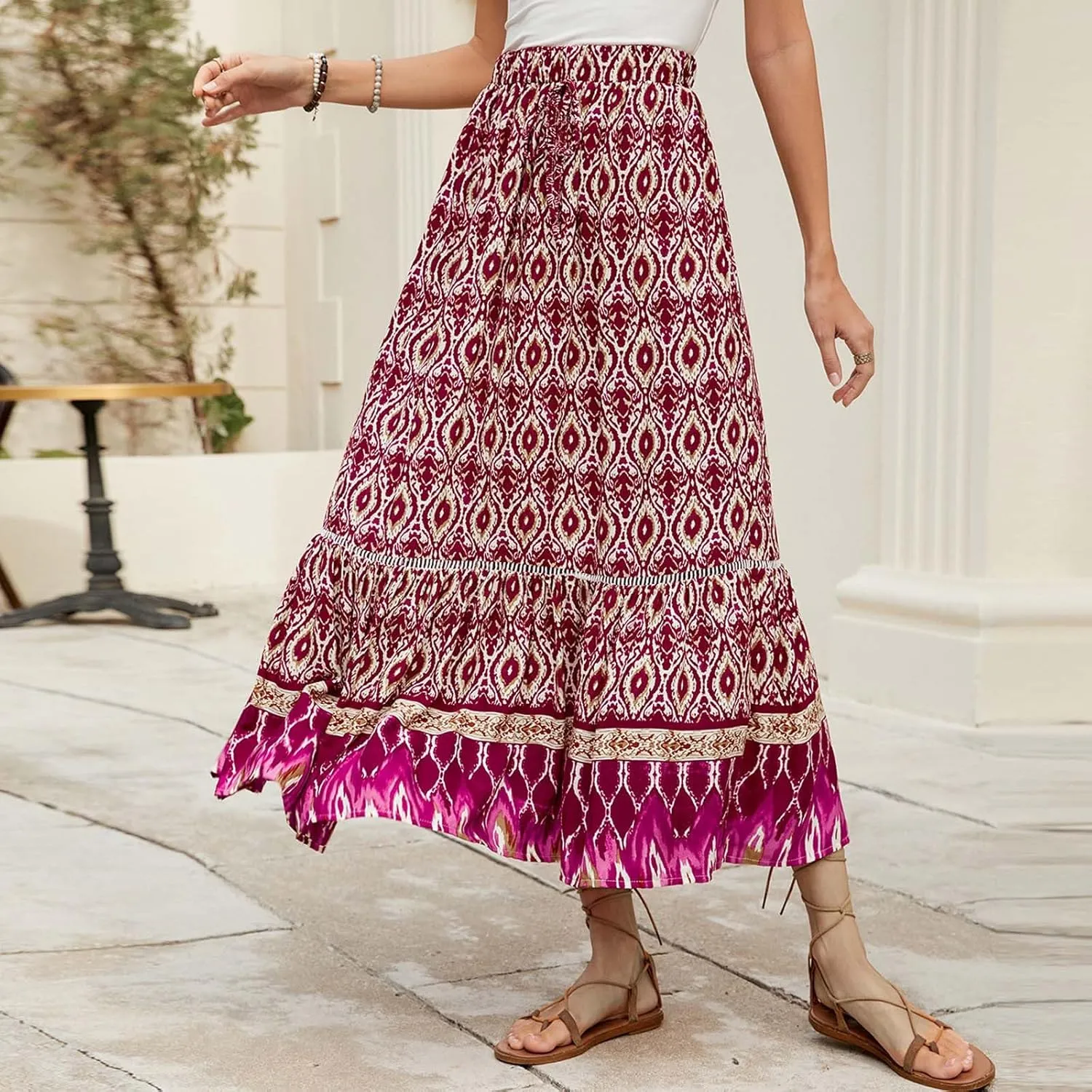 Women's Midi Summer Skirts Boho Flowy Swing A-Line Flowy Skirt 2025 Casual Elastic Waist Tiered Cotton Long Skort Trendy