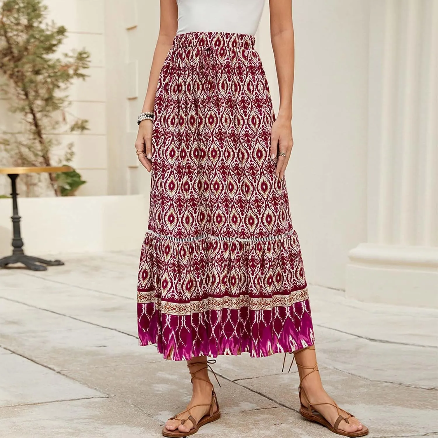 Women's Midi Summer Skirts Boho Flowy Swing A-Line Flowy Skirt 2025 Casual Elastic Waist Tiered Cotton Long Skort Trendy