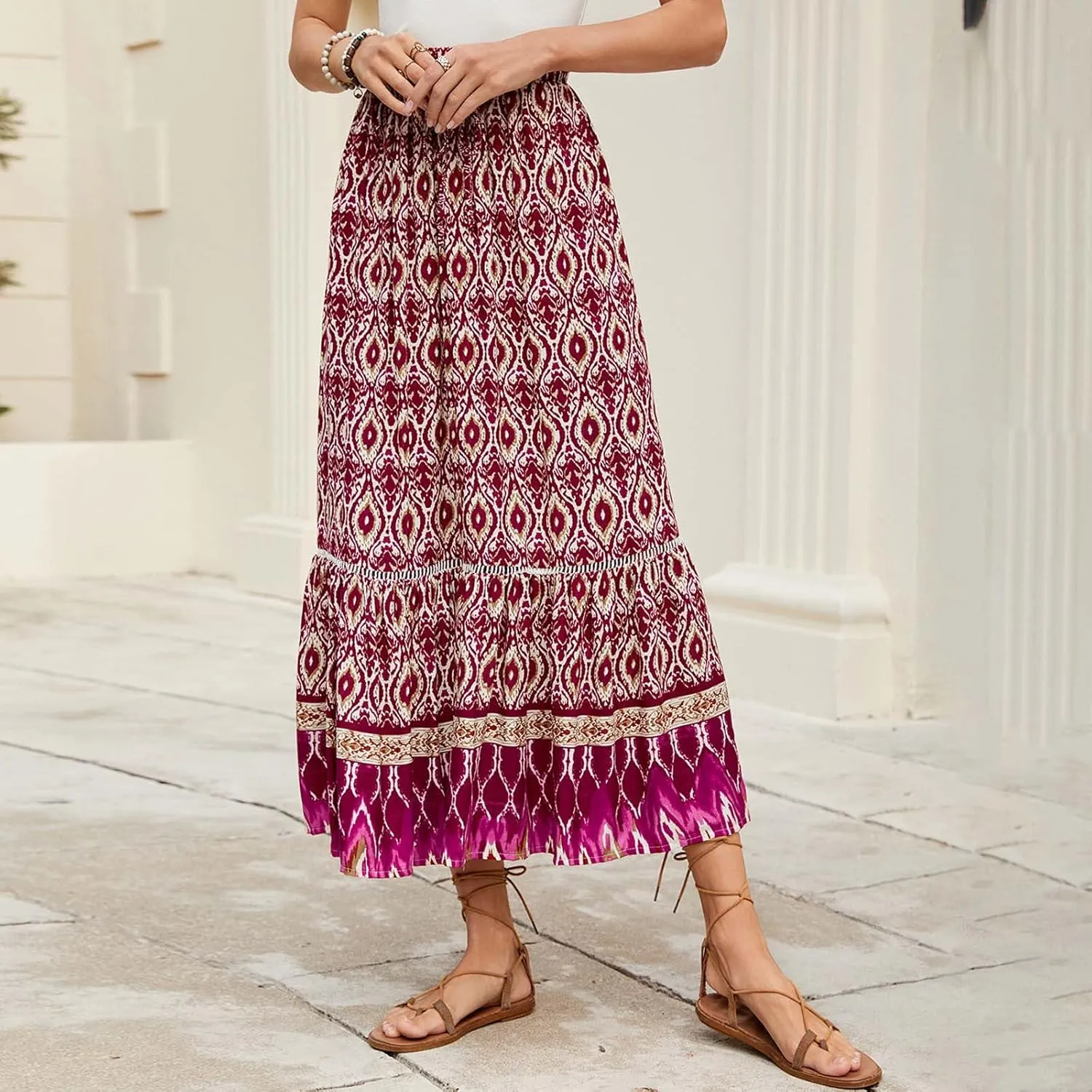 Women's Midi Summer Skirts Boho Flowy Swing A-Line Flowy Skirt 2025 Casual Elastic Waist Tiered Cotton Long Skort Trendy