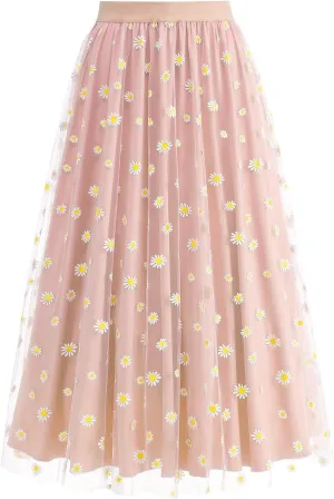 Womens Midi Tulle Skirt Daisy Embroidery Floral Layered Elastic High Waist Tutu Skirt Mesh A Line Fairy Skirts